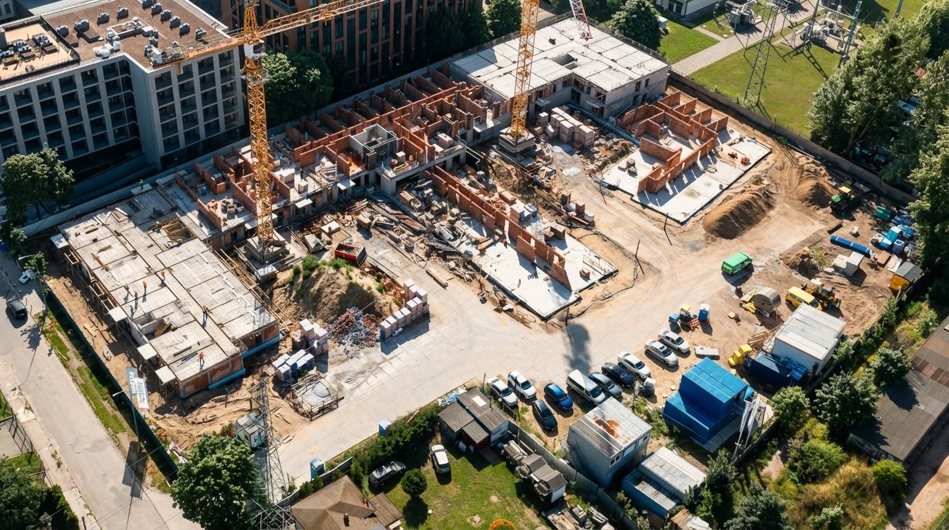 Widok z drona na plac budowy — cotygodniowa dokumentacja inwestycji DroneFamily